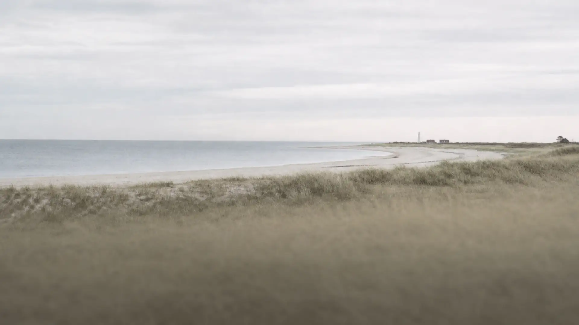 The peninsula seen from a low dune, with beach, sea and the lighthouse in the distance