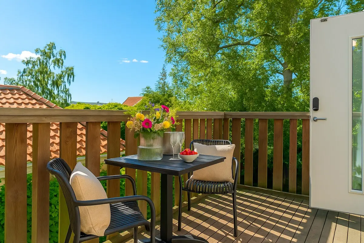 Balcony with evening sun and garden view
