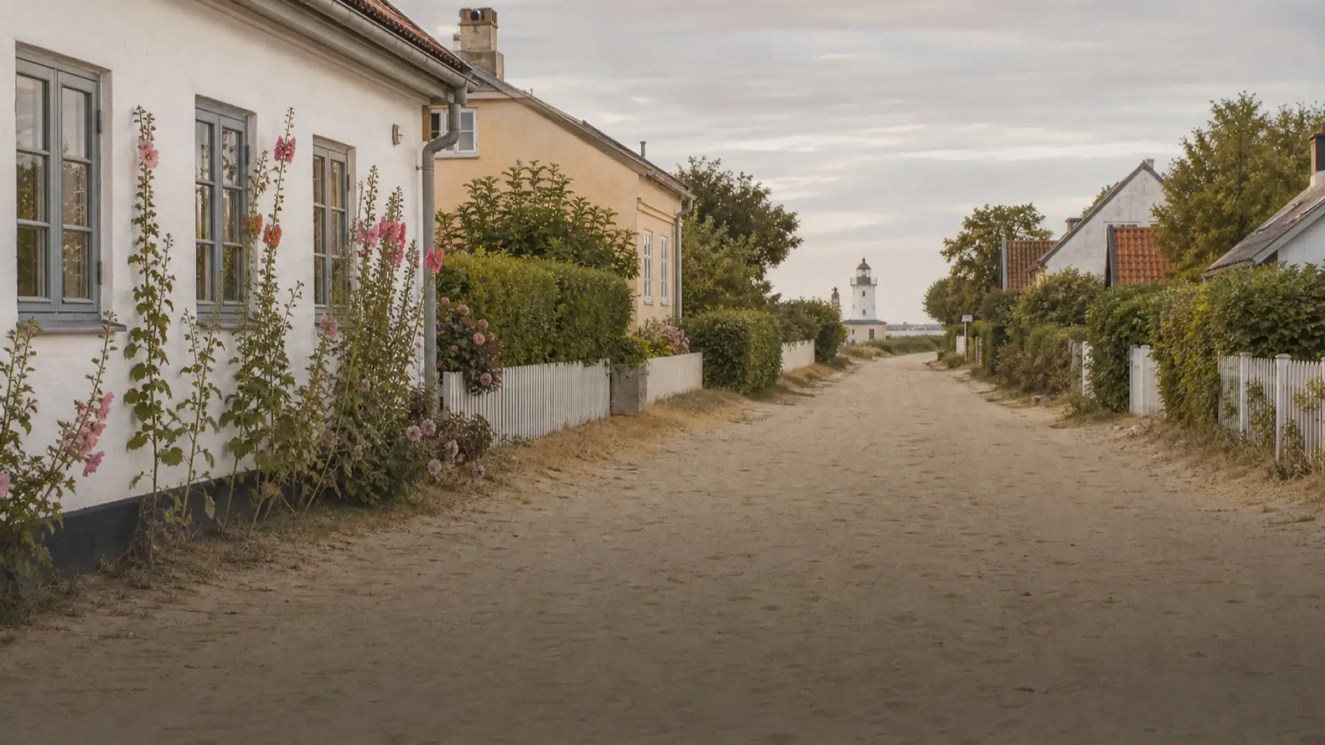 A sandy lane in Falsterbo with hollyhocks along the wall and the lighthouse at the far end