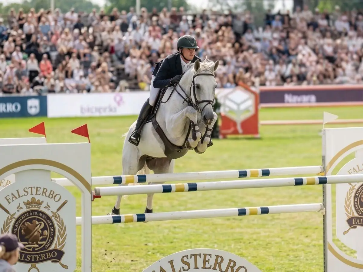 Show jumping in front of a packed grandstand at Falsterbo Horse Show