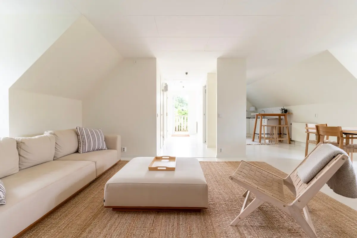 Living room with sofa and natural materials