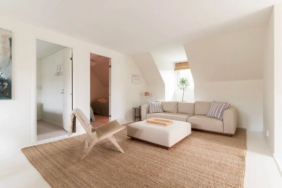 Open-plan living area with sloped ceiling and natural light