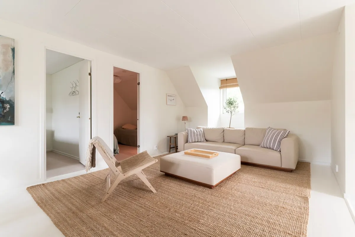 Open-plan living area with sloped ceiling and natural light