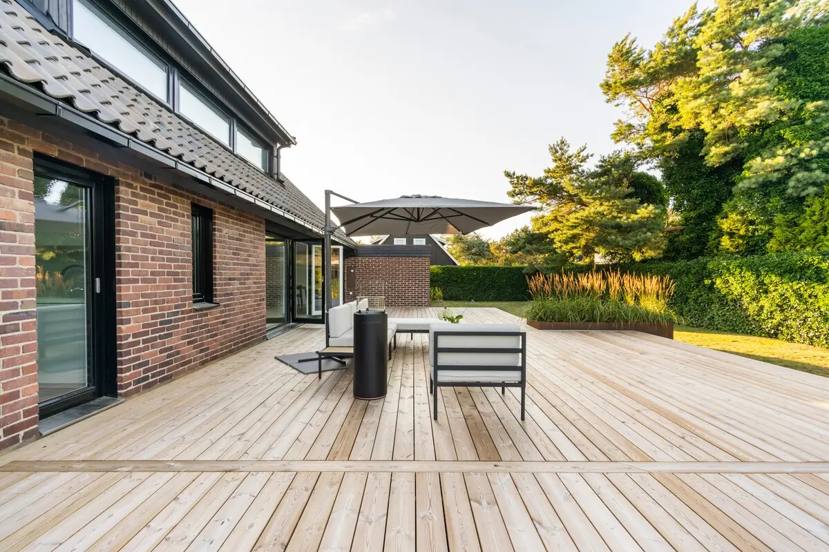 Patio with evening lighting