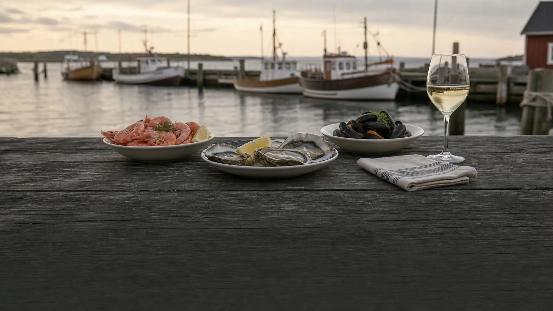 Seafood and a glass of wine on a wooden table by the harbour, fishing boats behind