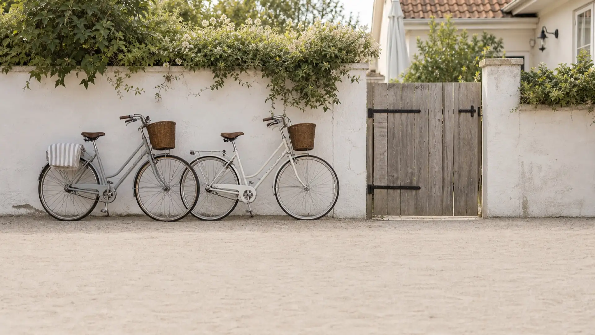 Two bicycles with baskets leaning against a whitewashed wall beside a wooden gate